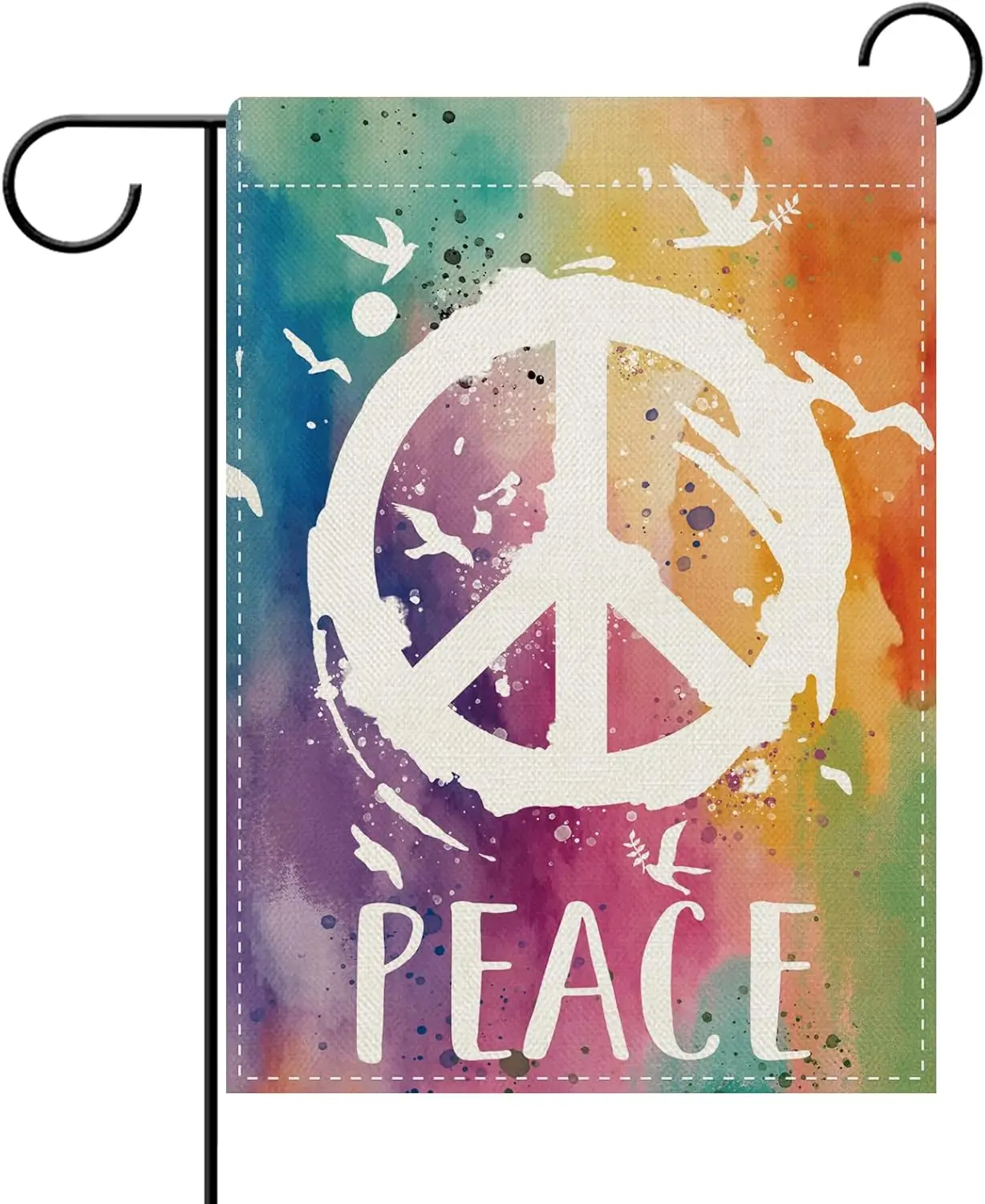 Dyrenson Colorful Peace Symbol Decorative Garden Flag, Watercolor Dove Birds Yard Outside Home Decoration, Hippie Burlap Out uui