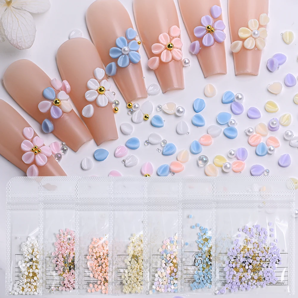 150pcs Carving Petals Nail Art Charms White Pink Yellow Blue Flower & Golden Steel & Pearl Leaf Decorations for DIY Nail Designs