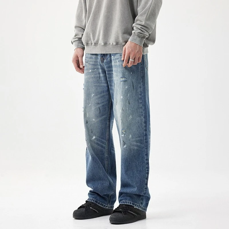 

American New Fashion Men's Vintage Casual Trendy Loose Wide Leg Slashed Ink Printed Vintage Denim Trousers Male Streetwear Jeans