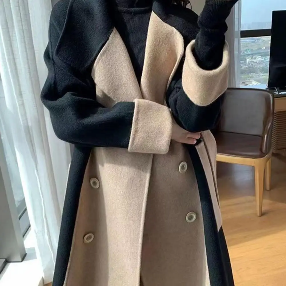 Double-breasted Woolen Coat With Belt Elegant 2024 Autumn/winter Slimming Mid Length Color Blocked Women Windbreaker Woolen Coat