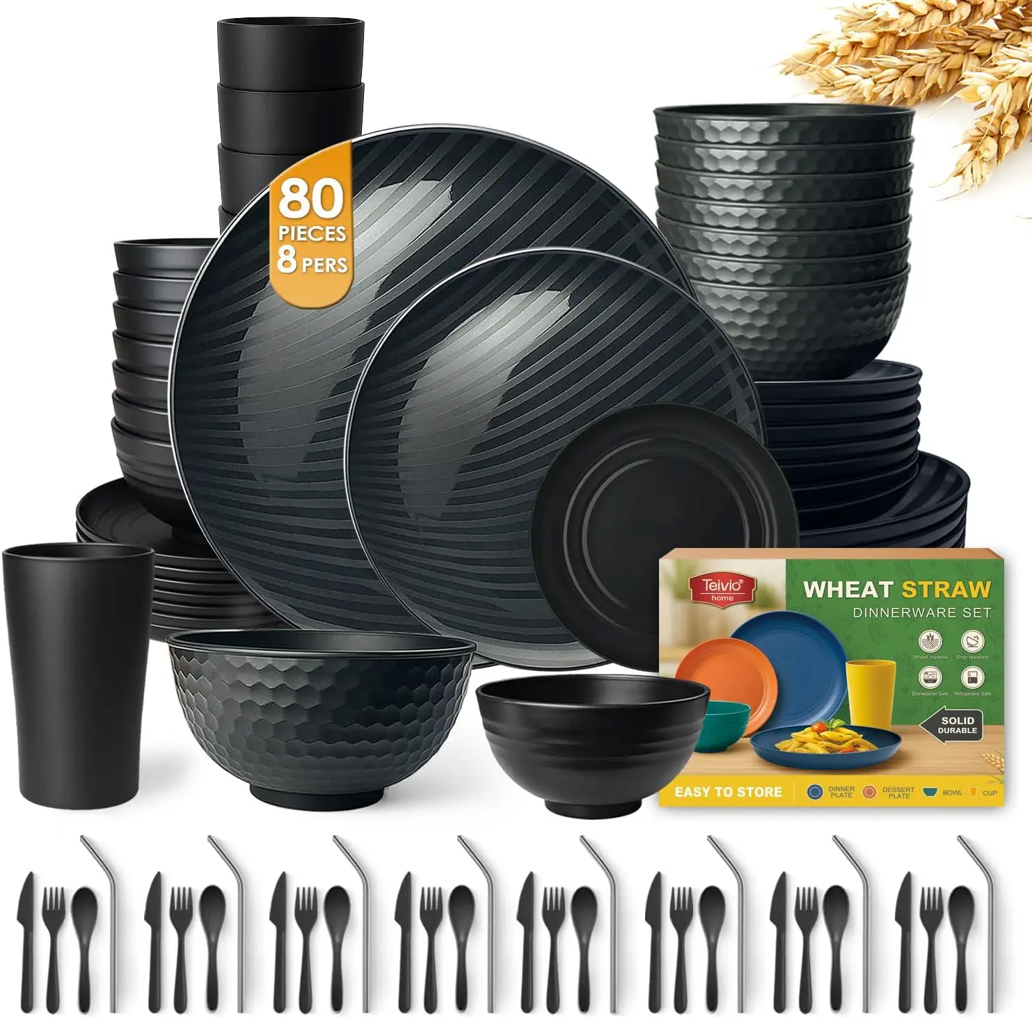 

Набор посуды из пшеничной соломы на 80 предметов для 8 персон, небьющиеся тарелки, миски, чашки, пригодные для мытья в посудомоечной машине, черный цвет
