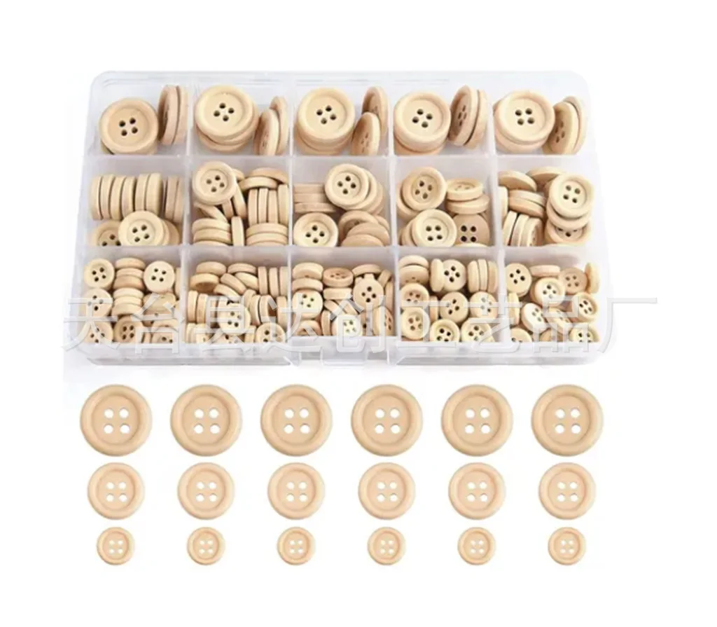 Log color, size, thin edge mixed wooden buttons DIY handmade clothing decorative four-eye buttons 255 pcs/bag