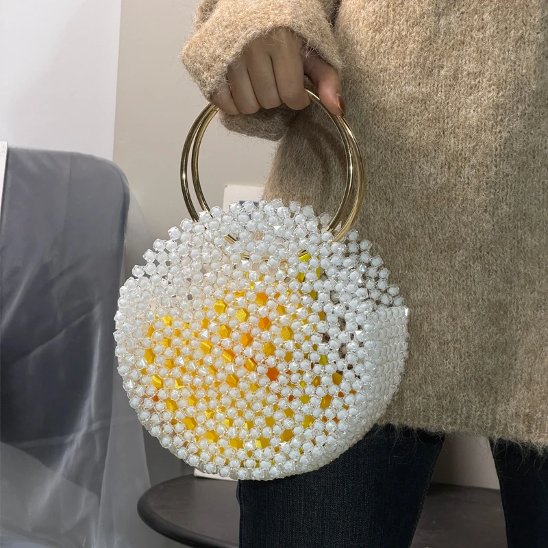 

Stylish Beaded Circular Handbag with Golden Hoops and High Sense Golden Interior Lining Purses and Handbags Luxury Designer