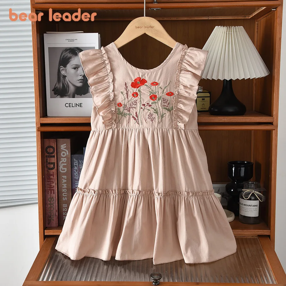 

Bear Leader Girls' Summer Clothing Sweet and Cute Flower Print Sleeveless Girls' Dresses Khaki Spliced Cotton Children's Dress