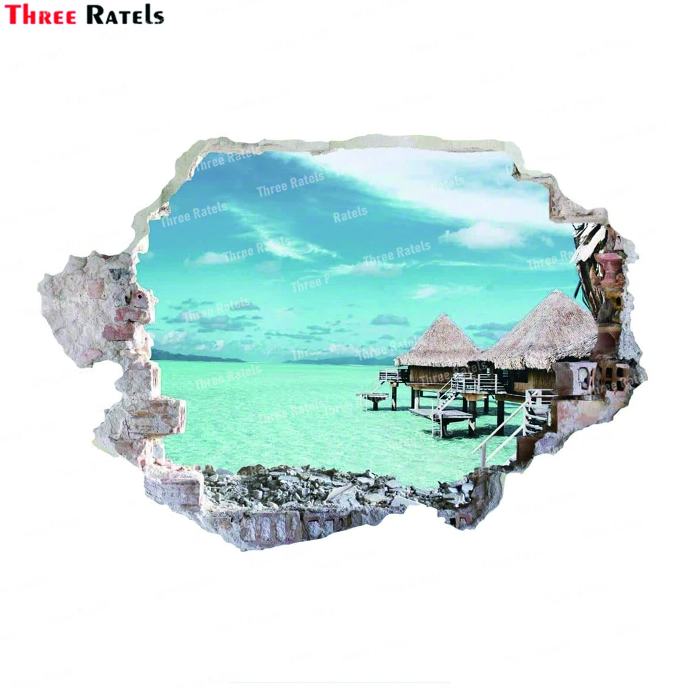 

Three Ratels WF124 Maldives Landscape Art Stickers And Decals Creative 3D Broken Art Mural Home Decoration