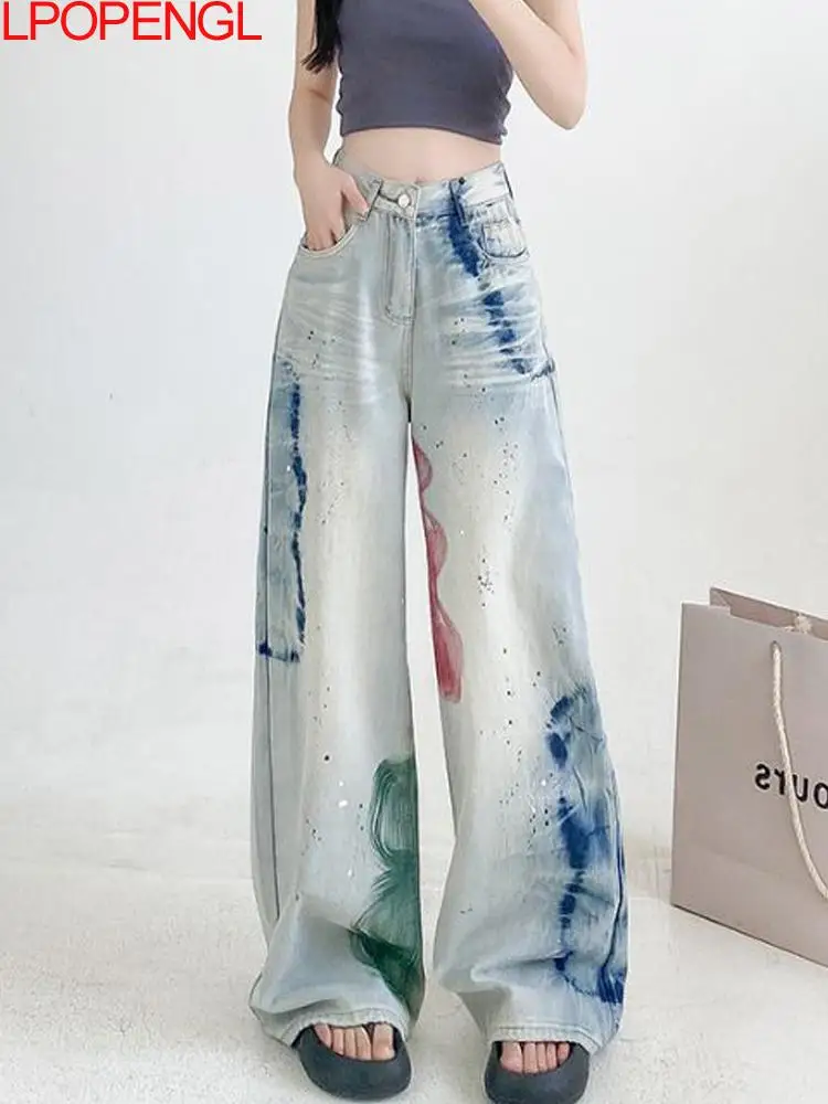 

American Painted Graffiti Wide Leg Jeans 2026 Women's Spring And Summer New High Waisted Loose Vintage Gradient Straight Pants