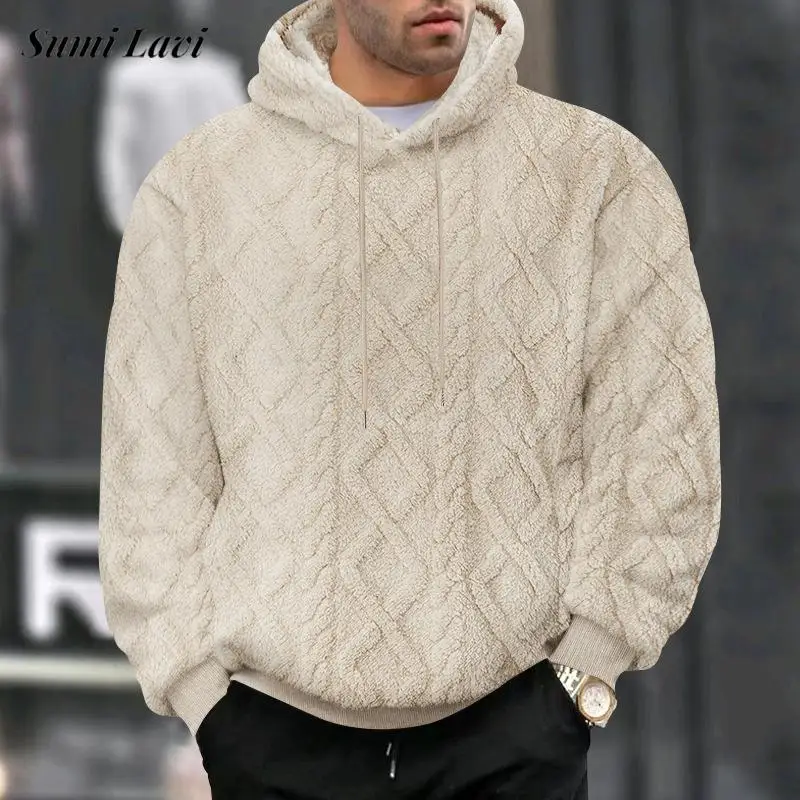 Stylish Jacquard Fleece Hoodies Mens Autumn Winter Casual Solid Color Wool Hooded Sweatshirts For Men Fashion Hoodie Streetwear