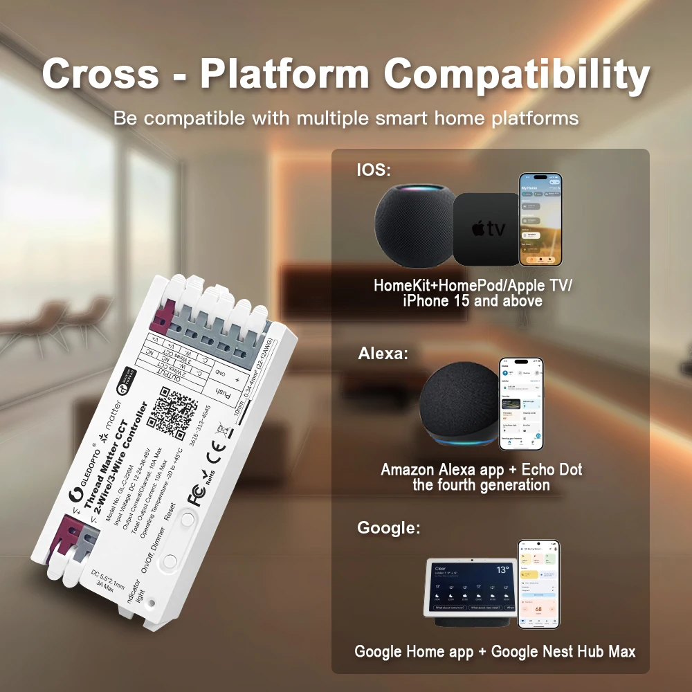 GLEDOPTO Thread Matter CCT PWM Dimmer 10A 750Hz Flicker-Free for 2/3-Wire LED Strips work with Alexa Google HomeKit DC 12-48V