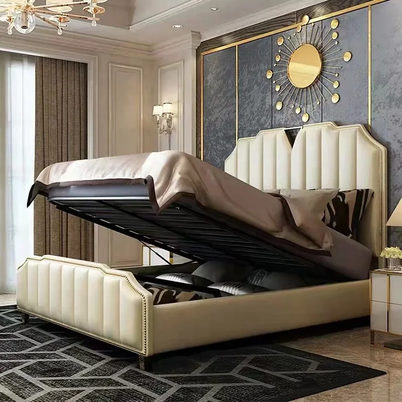 Luxury Bed Room Stainless Steel Bed Frame Gold And Leather Upholstered Queen Hotel Wedding Soft Bed