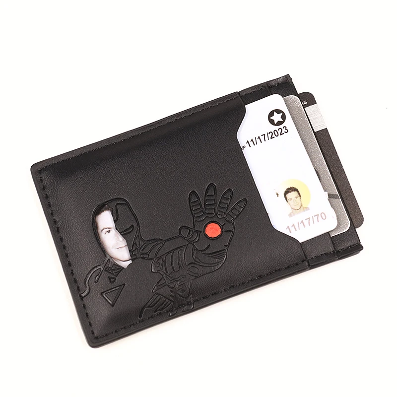 Cartera de cuero PU para tarjetas de identificación de superhéroe, tarjetero corto y delgado minimalista con bolsillo frontal, billetera para hombre con recorte, máscara facial de hierro y ojos