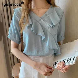 Women Summer Elegant Irregular Button Ruffled V Neck Short Sleeve Blouses Lady Solid Loose Shirt Female Sweet Chiffon Top Korean