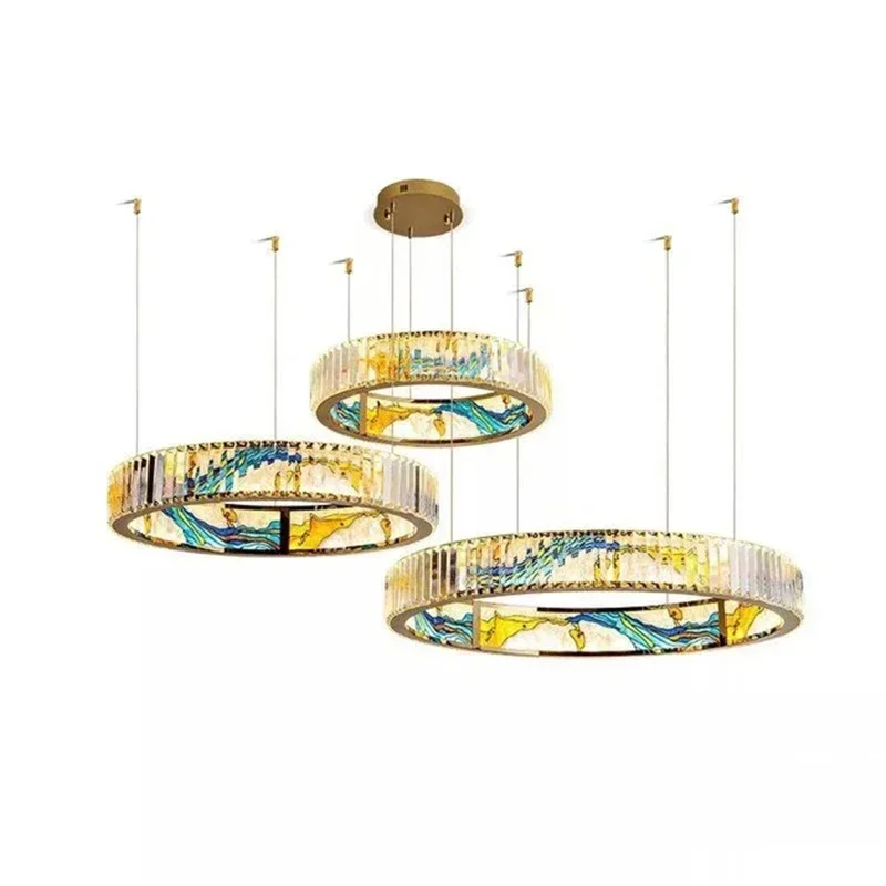 

Crystal LED Light Strip Circular Rectangle Pendant Light Enamel Color Chandelier Home Decor Living Room Lighting Fixtures