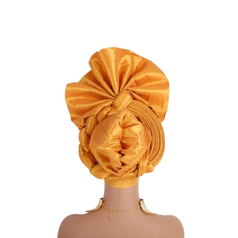 2024 African Female Turban Cap Women's Autogele Headtie Nigeria Raw Silk Fan Gele Wedding Party Head Wraps Headwear Turbante