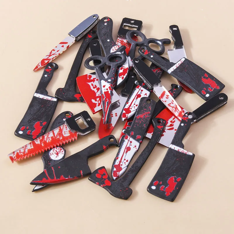 5pcs Resin Halloween Imitation Bloody Knife Charms Dagger Scissors Axe Saw Pendants For Earring Bracelet Necklace DIY Jewelry