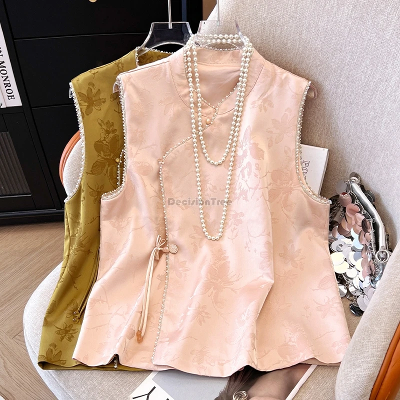

2025 new improved chinese style tang suit waistcoat vest fashion spring stand collar sleeveless women's cheongsam vest top t001