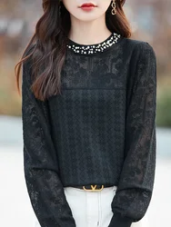 Spring and summer new women's knitted lace O-neck long sleeve 100% merino wool pullover fashion hollow Korean shirt.