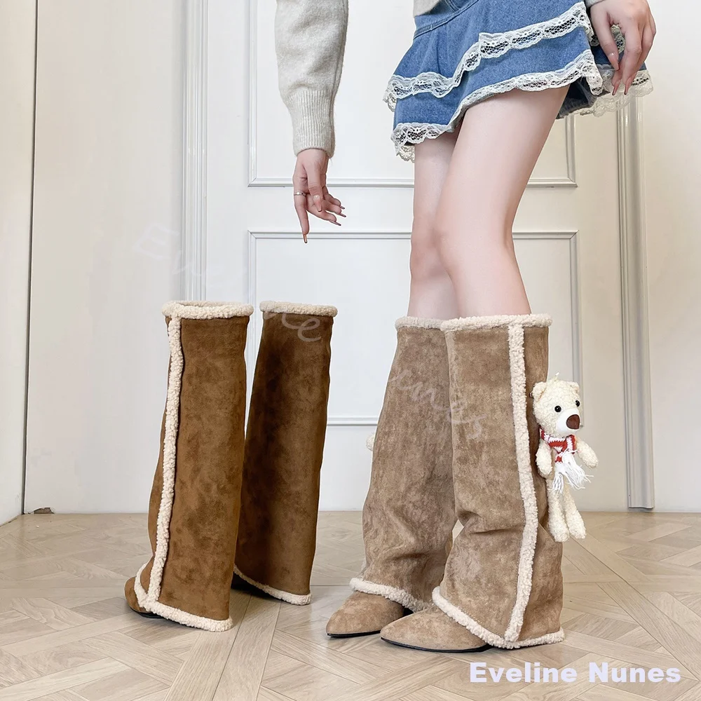 Little Bear Detachable Trousers Boots Women New Wedge Heel Pointed Toe Knee High Boots Winter Warm Brown Slip On Lamb Wool Boots