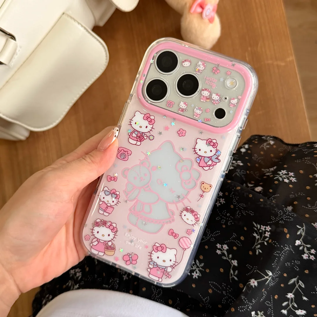Capa de Celular Rosa Doce Vazada Sanrio Hello Kitty à Prova de Choque para iPhone 17 16 15 Pro Max 17 Pro com Proteção de Lente da Câmera