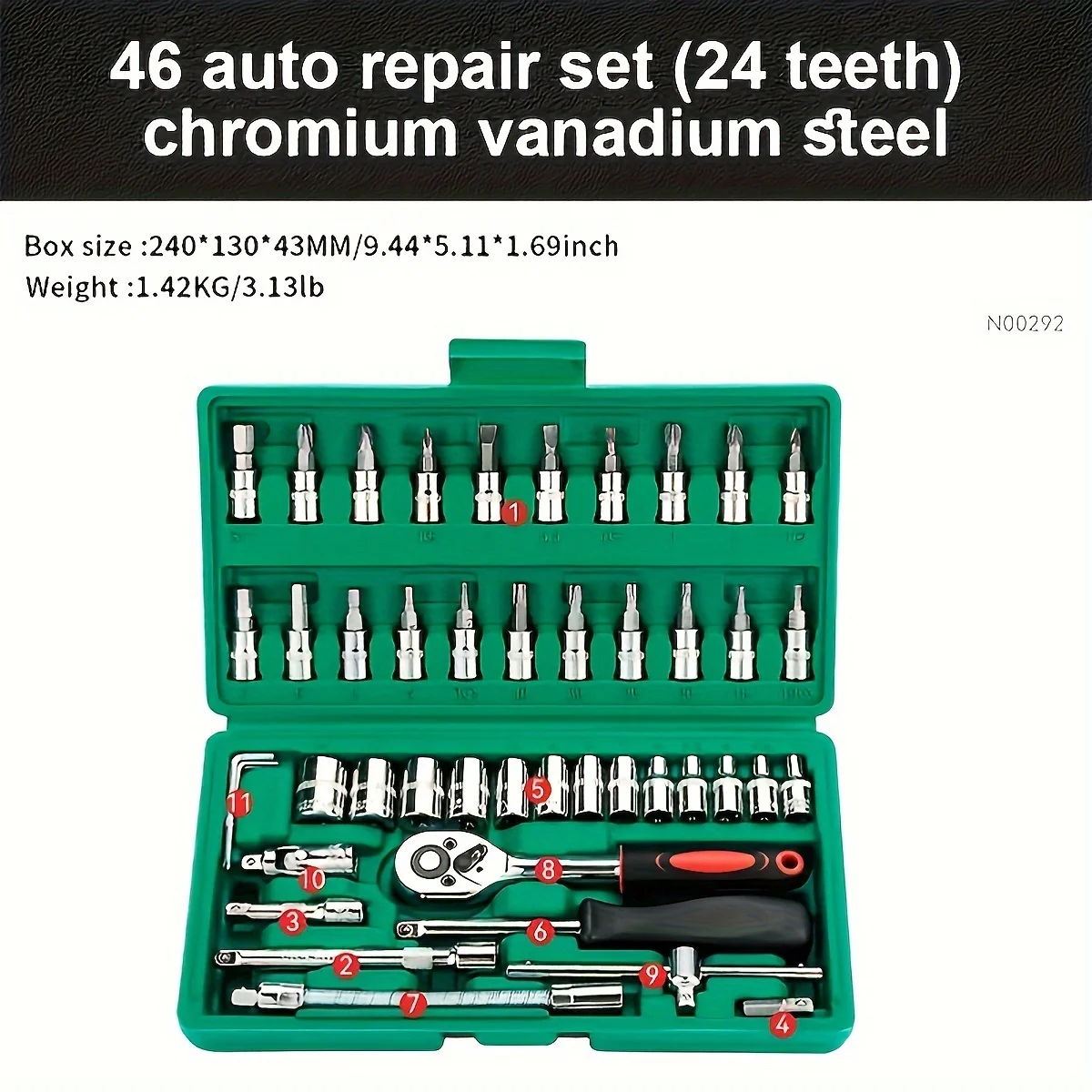 

46pcs Set 1/4 Inch Drive Socket Ratchet Wrench Set, With Bit Socket Set Metric And Extension Bar For Auto Repairing