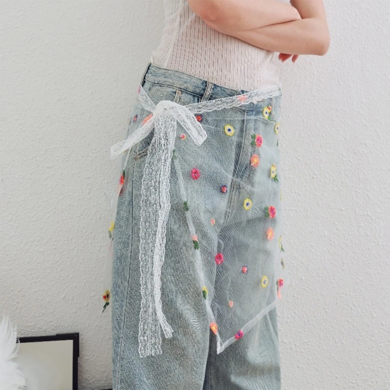 Embroidery Colorful Flower Sheer Half Skirt Hip Scarf Women Aesthetic See Through Apron Skirt Lace Up Bows Overskirt