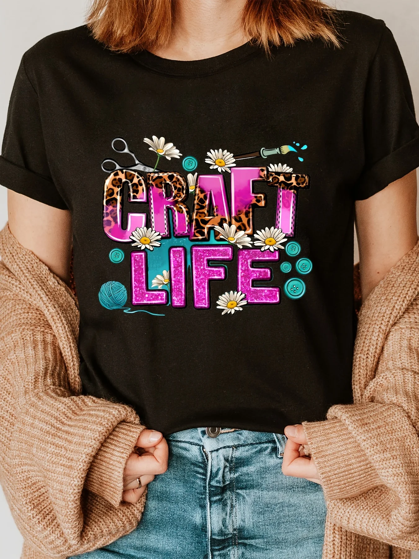 Short Sleeve Print Crew Neck T-Shirt for Spring Summer Casual CRAFT LIFE Women's Clothing Harajuku Short Sleeve Casual