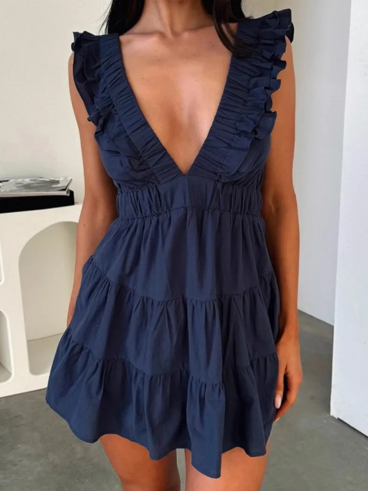 

Ruffle Fly Sleeve Party Mini Dress Women Summer Fashion Elegant Deep V Neck A-Line Short Vestidos Solid Color Evening Dresses