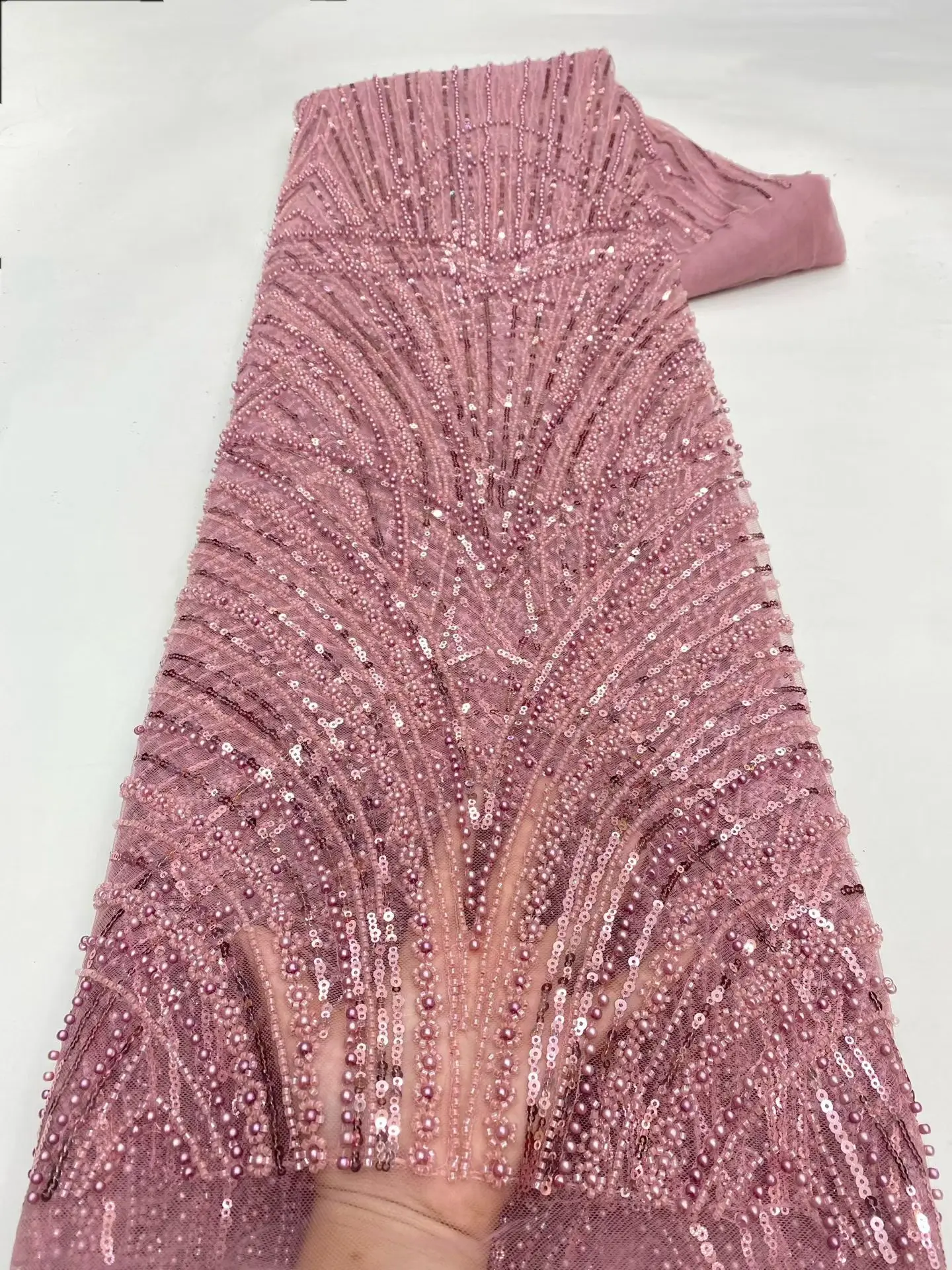 2026 Wine red  High Quality African Lace Fabric Sequins Mesh Luxury Heavy bead Embroidered Tulle Fabric for Sewing Dresses