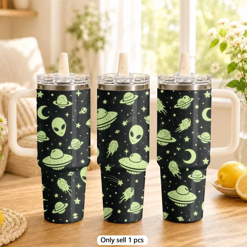 Alien Halloween Vacuum Flasks 40oz Stainless Steel Tumbler with Handle Straw Lid Vacuum Insulated Double Wall Leak Proof