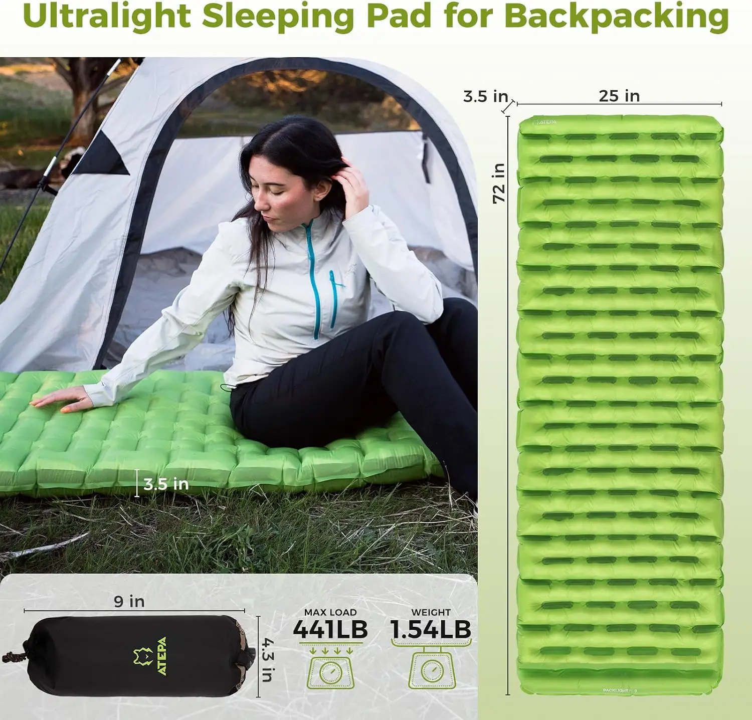 ThermAir Ultralight Sleeping Pad for Camping & Backpacking, 6 R-Value Insulated Air Mattress, 3.5” Thick Compact Inflatable Slee