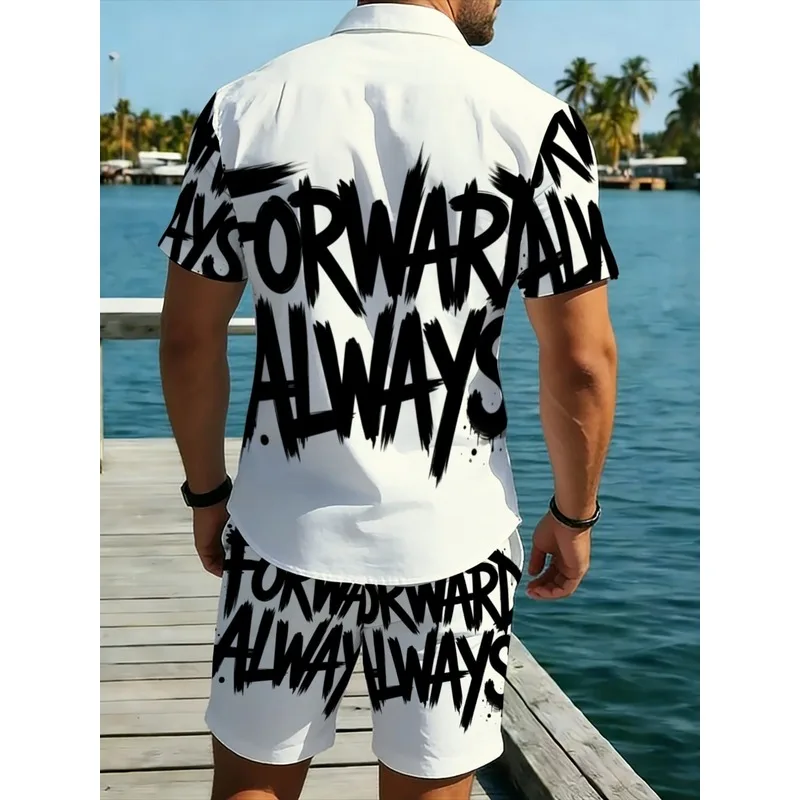 Men White Printed Short Sleeve Shorts Set Lightweight Casual Beach Outdoor Summer Outfit