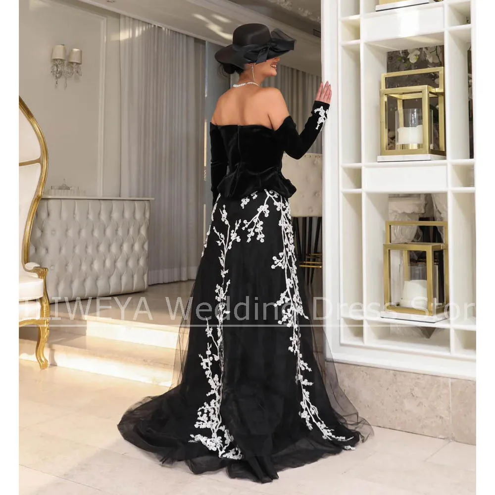 Czarne sukienki wieczorowe z aksamitu z białymi kwiatowymi aplikacjami, eleganckie suknie balowe z długim rękawem, rozkloszowane sukienki na studniówkę dla kobiet.