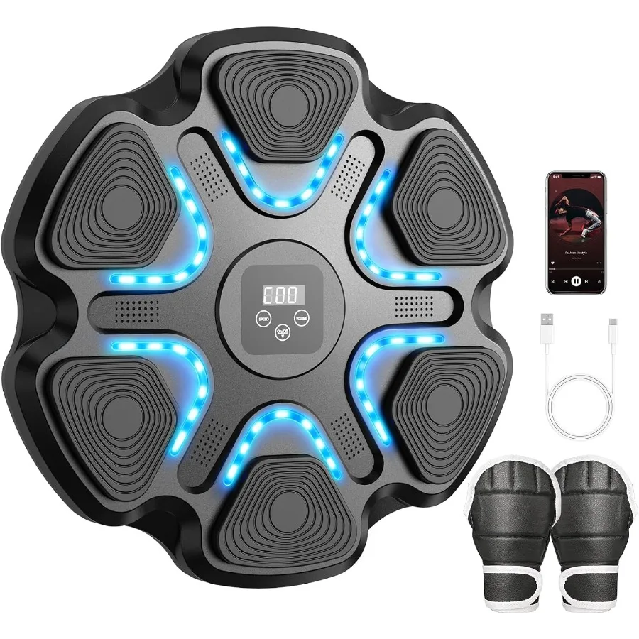 Smart Interactive Music Boxing Machine for Adults with Gloves 9 Modes 9 Speeds Wall Mounted Electronic Punching Pad in Black fo