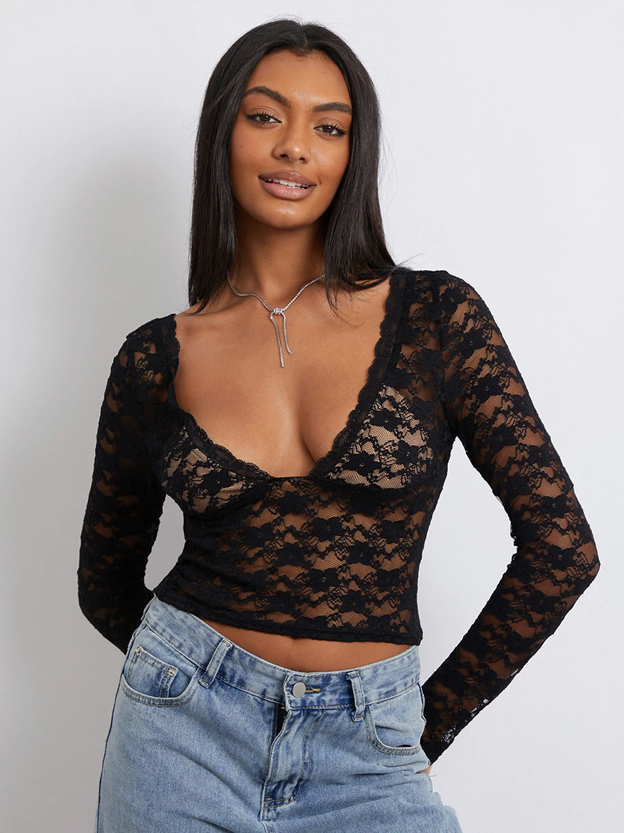 wsevypo See-Through Sheer Crop Tops Women's Sexy Black Lace Floral Skinny Short T-Shirts 2023 New Fashion Long Sleeve Smocks