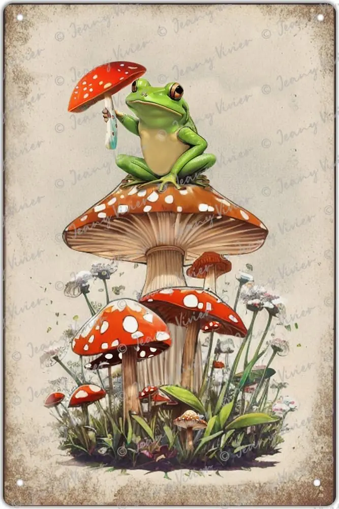 Zomyto Mushroom Wall Decor Cute Frog Decor Vintage Mushroom Kitchen Accessories Funny Frog Metal Tin Signs Unique Home Deco sign