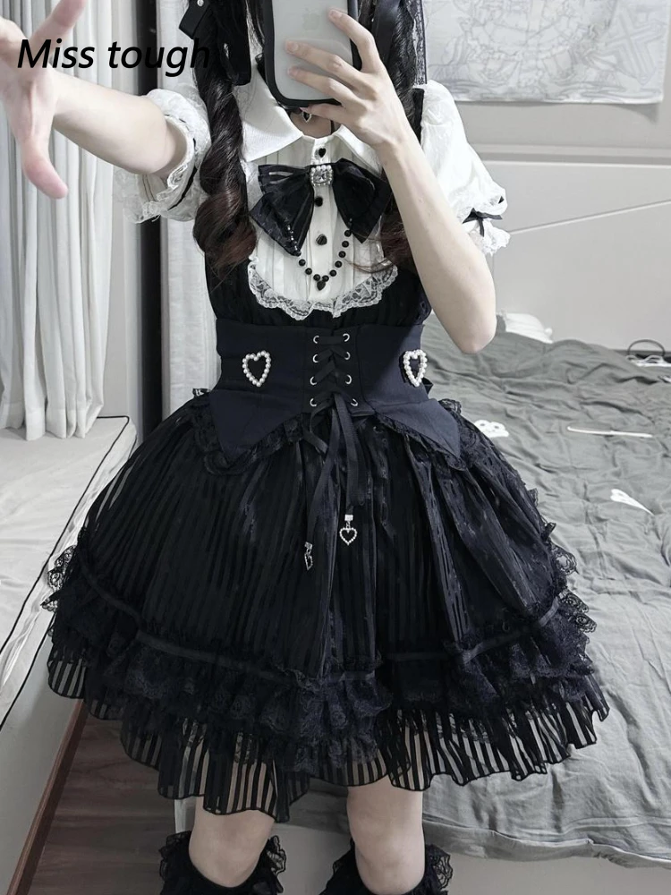 GothicLolita Skirt Set Women Black Lace Ruffled High Waist Corset Top Skirt Suit Vintage Elegant French Style Maid Outfit Summer