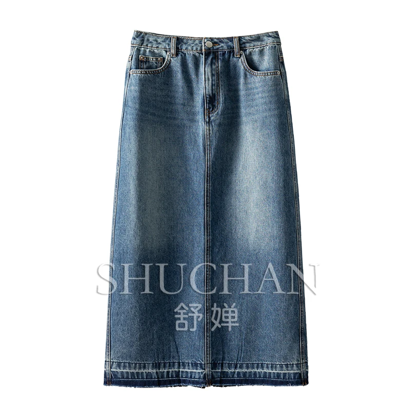 

88% Cotton Retro Washed Blue High Waist Denim Long Skirt Women Faldones Para Mujer Skirts for Women