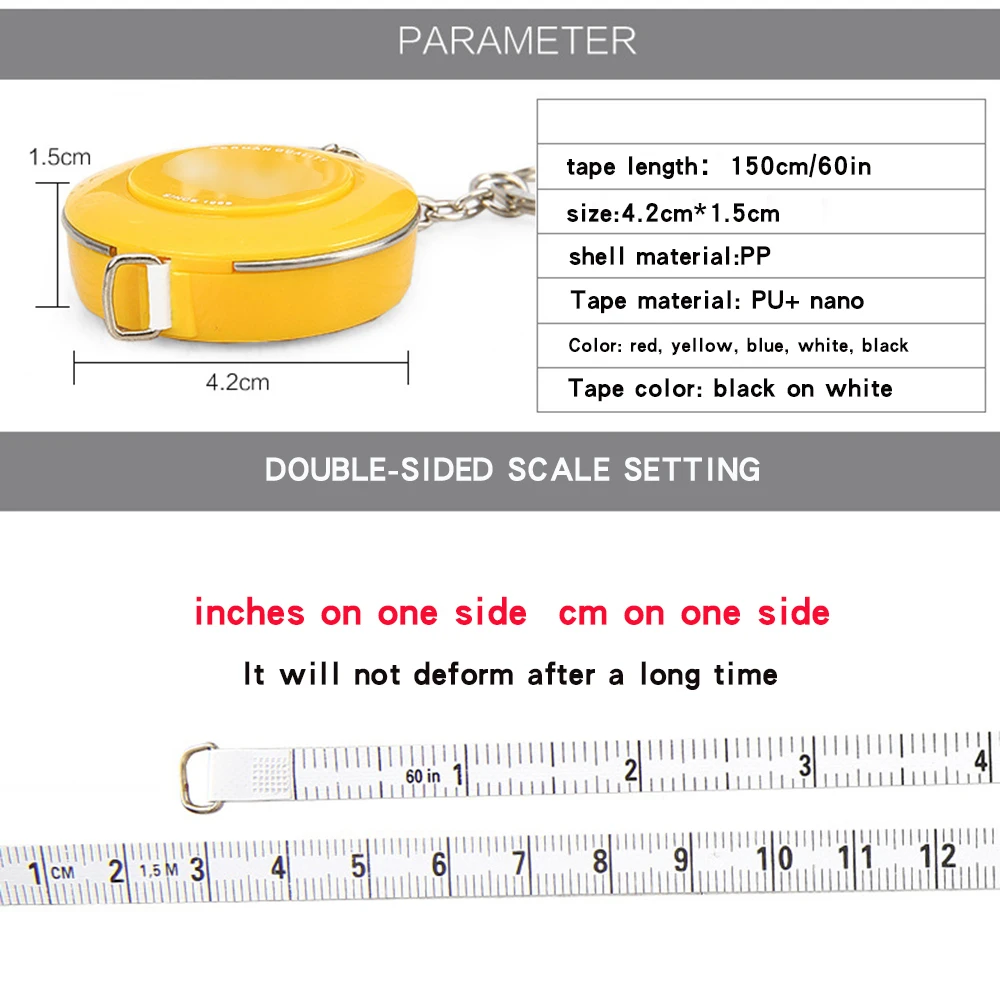 1.5m Double Scale Portable  Tape Measure With Keychain Soft Tape Measure  for Weight Loss Medical Body Measurement  Tailor  Tool