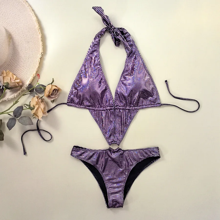 

Purple Glitter Shiny Halter Backless Sexy Swimsuit Women 2025 One Piece Swimwear Hollow Out Monokini Metal Ring Bathing Suit