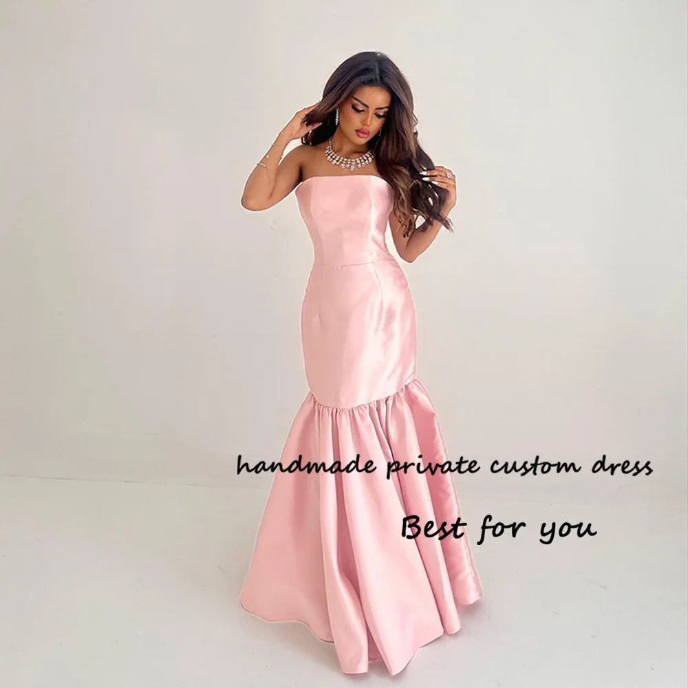 

Pink Mermaid Evening Dresses Strapless Mono Satin Tight Long Prom Party Dress Dubai Formal Evening Gowns Floor Length