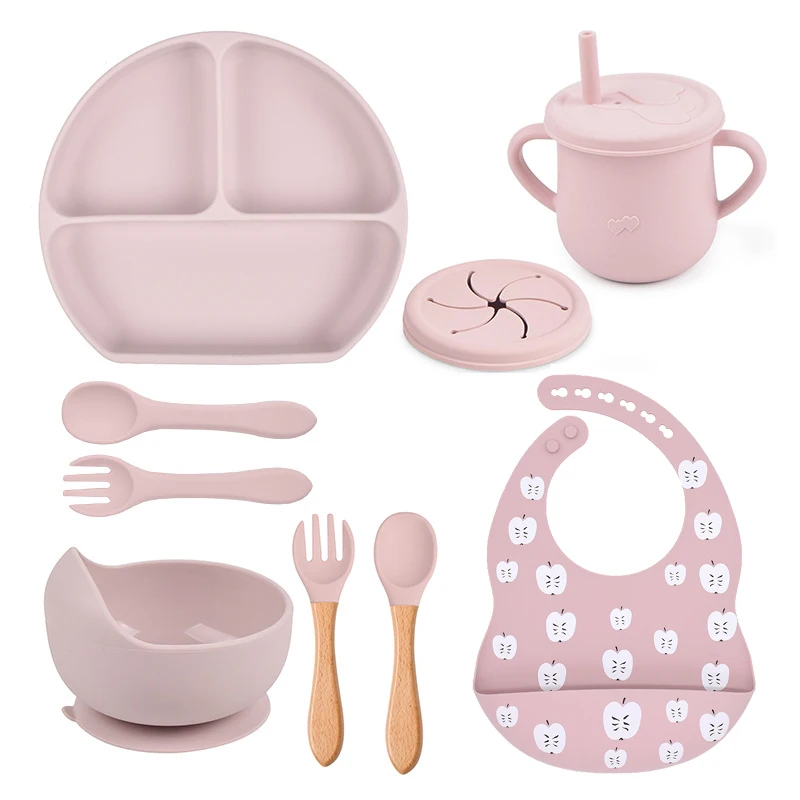 3/9Pcs Baby Tableware Set Food Grade Silicone Baby Dishes for Children's Cute Print Bib Bowl Non-Slip Plates with Sucker BPAFREE