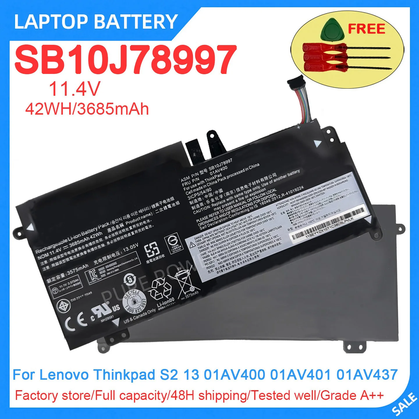 New Laptop Battery SB10J78997 01AV400 11.4V 42WH 3685mAh High Quality For Lenovo Thinkpad S2 13 01AV400 01AV401 01AV437