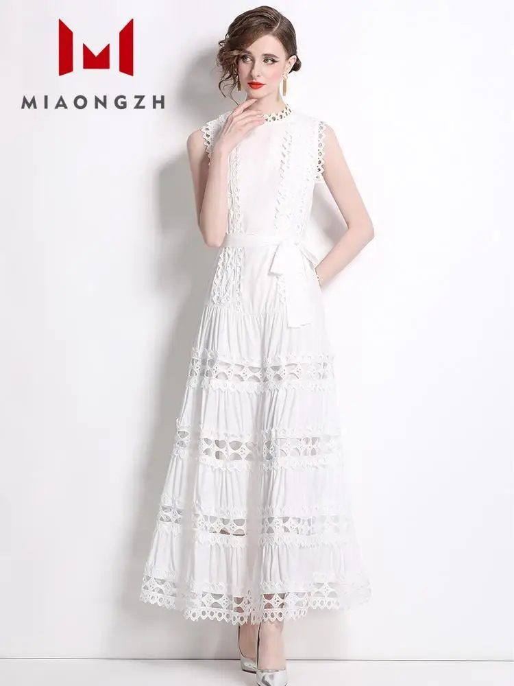 

Fashion Summer New Hollow Out Patchwork Ruffle Dress O Neck Sleeveless Lace Up High Waist Elegant Solid Evening Party Robes 2024