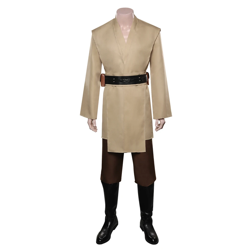 Qui Gon Jinn Cosplay para homens, roupas de Halloween, terno de festa de carnaval, casaco uniforme, cintos, sapatos, botas