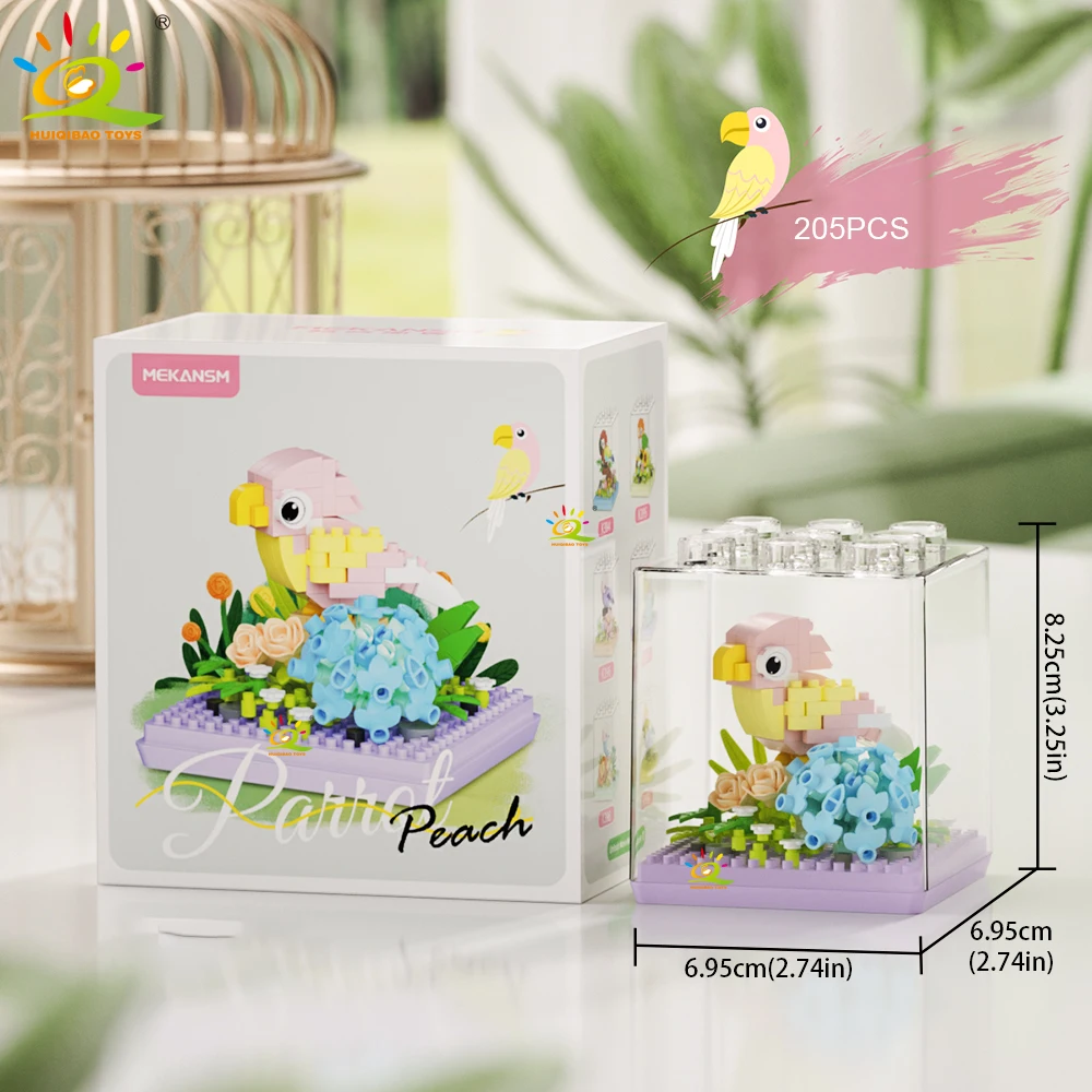 HUIQIBAO MOC Papagei Vogel Blume mit Display Box Micro Baustein Mini Diamant Modell Ziegel Spielzeug für Kinder Schreibtisch Dekor. – Detail 15