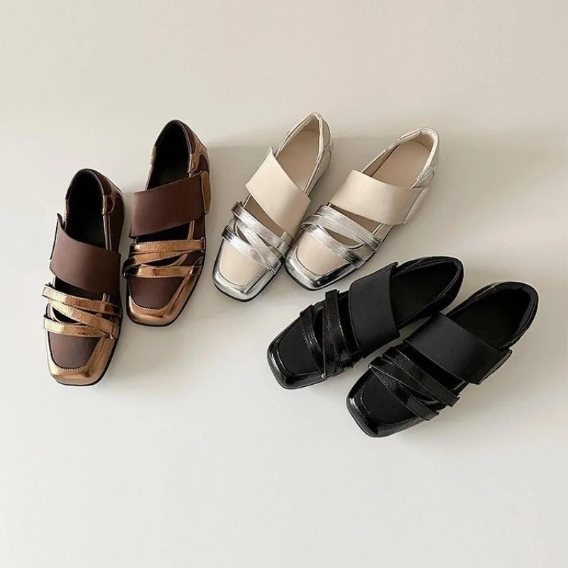 

New Square Toe Shallow Mouth Silver Single Mary Jane Low Heel Women's Shoes