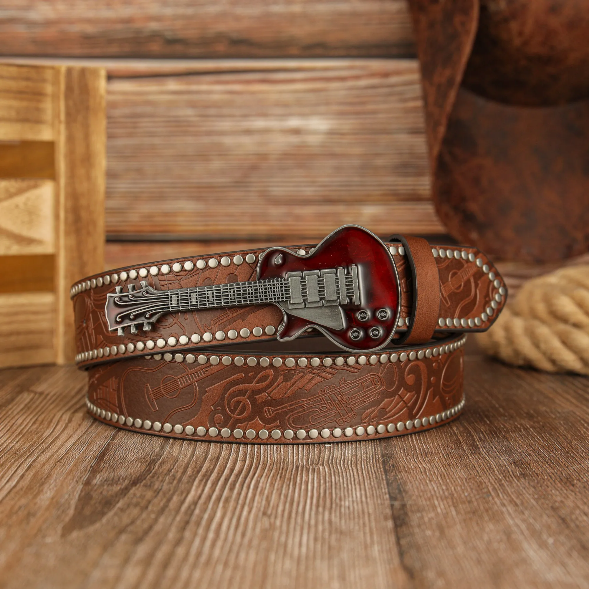 Öltropfen-Gitarren-Schnalle aus Zinklegierung, Retro-Trend-Gitarrennoten, PU-geprägter Nietengürtel, Unisex-Gürtel – Detail 4