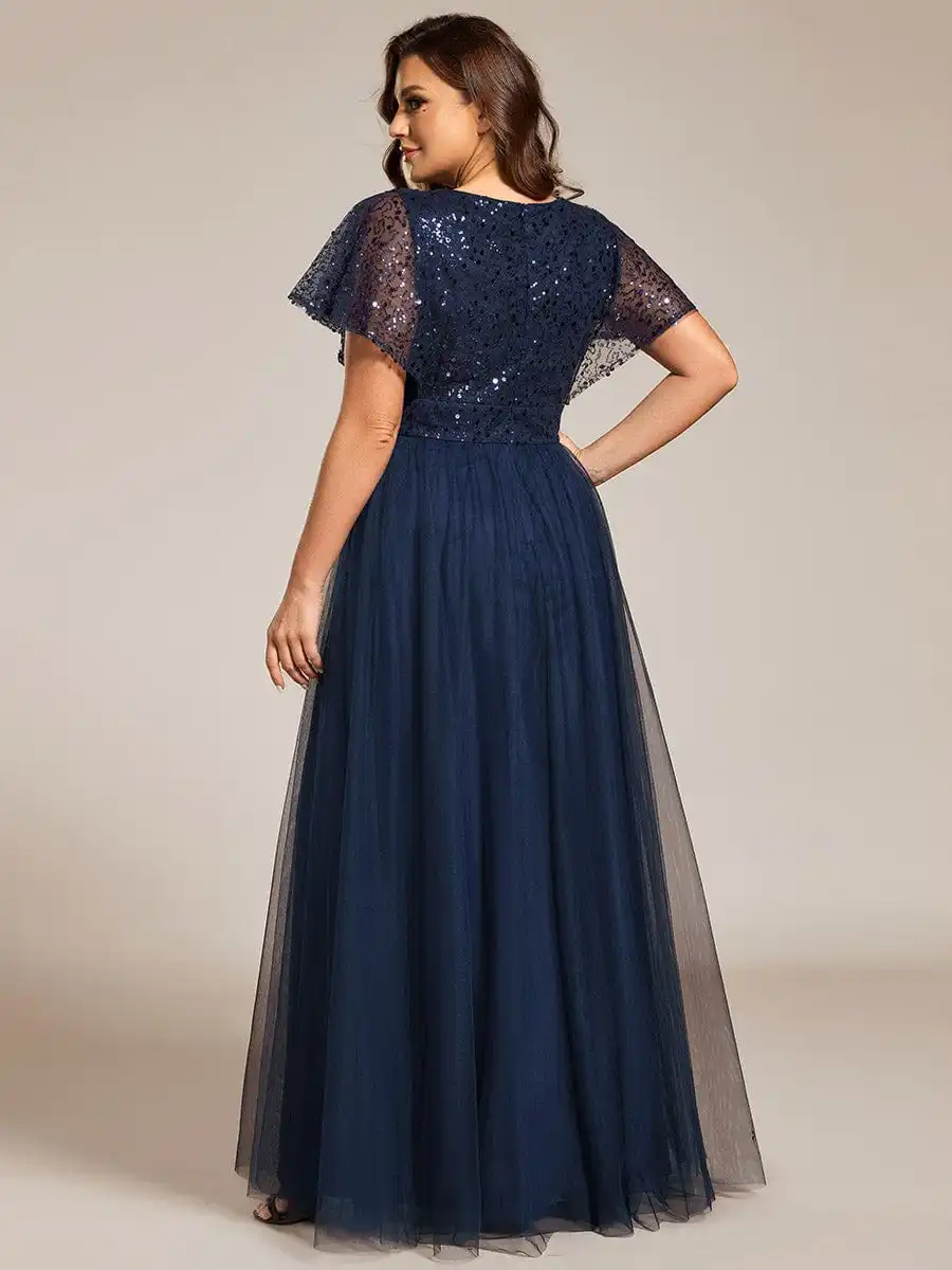 Ever azole-robe de soirée bleu marine, grande taille, col en V, manches courtes à volants, taille compromis, tulle, paillettes, robe de demoiselle d'honneur, 2024