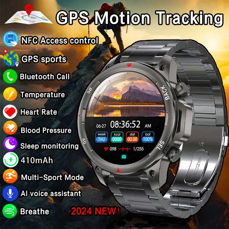 2024 New Flashlight Smart Watch Men Outdoor GPS Sports Fitness Tracker AMOLED Screen Wireless Charging Bluetooth Call smartwatch