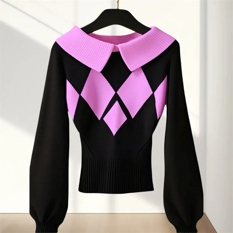Spring Autumn And Winter 2025 New Unique And Super-Good-Looking Rhombic Sweater Slim Knit Sweater With  Bottoming Inside