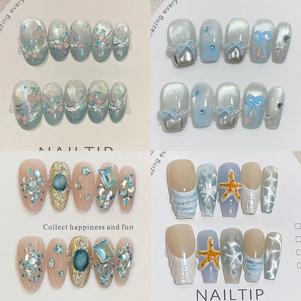 

10Pcs Handmade Nude Color Press On Nails Sparkling Cat-Eye Cherry Star Marine Elements Sequins Cute Girlish Nail Suitable Summer